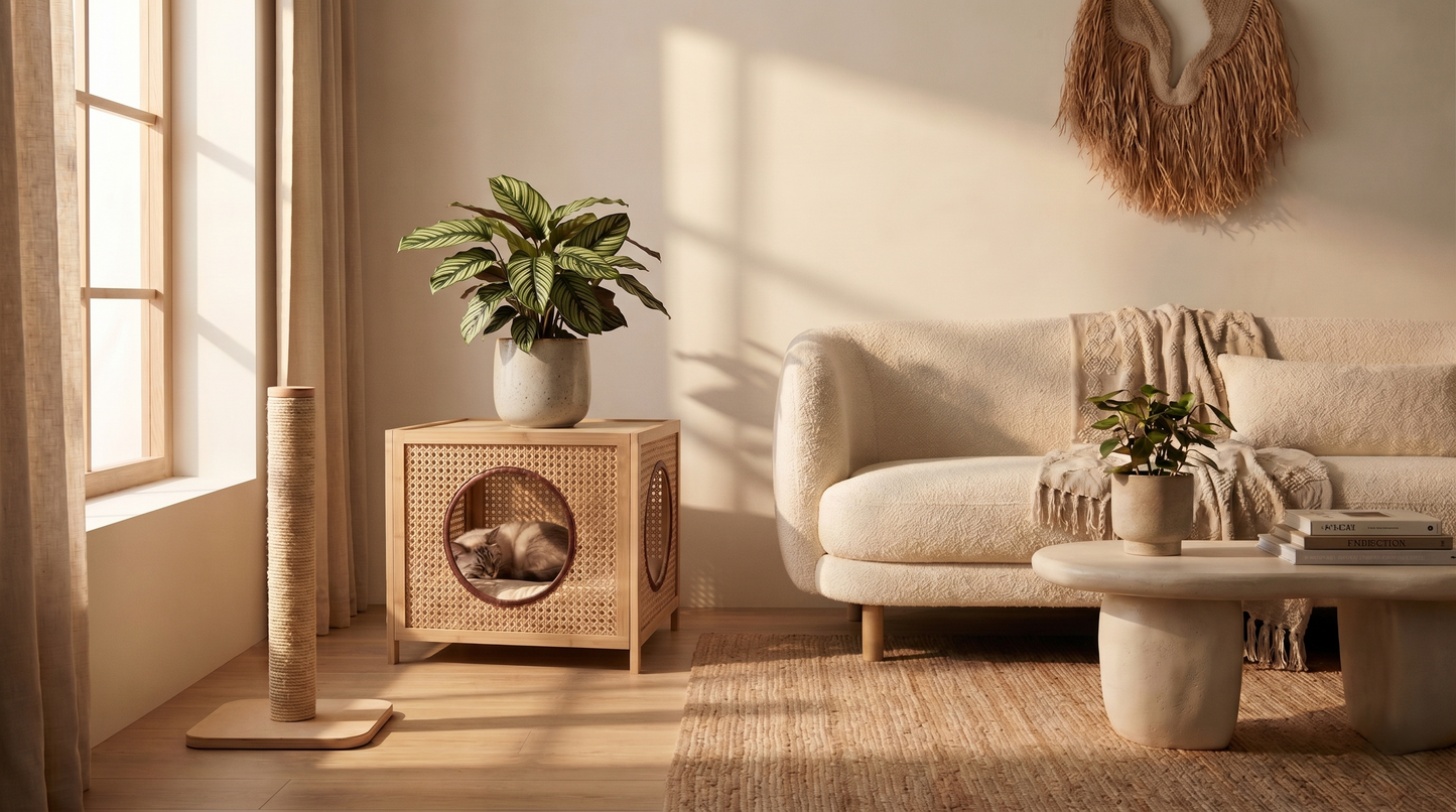 LE ZEST | Lit Table en Rotin Japandi pour Chat | CATSAURA